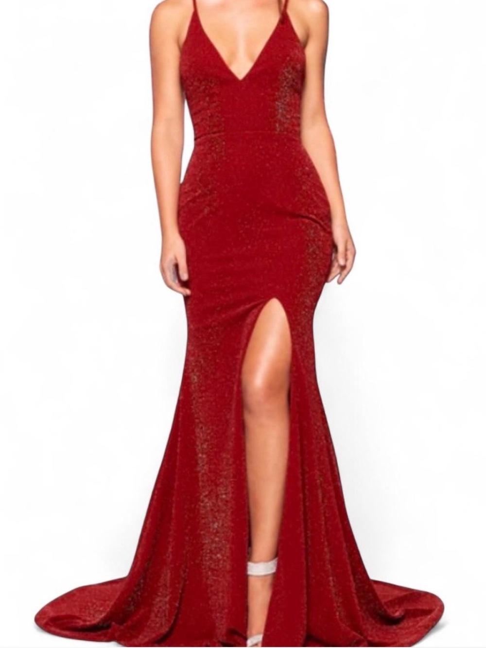 Red V-Neck Glitter Evening Gown with Thigh Slit